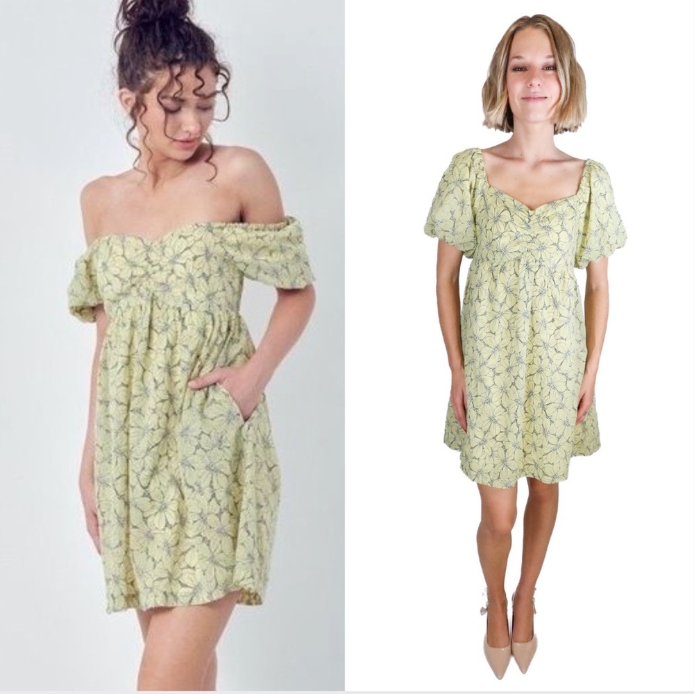Lena Yellow Floral Babydoll Cotton Blend Dress Puff Sleeves Sz Small Cottagecore